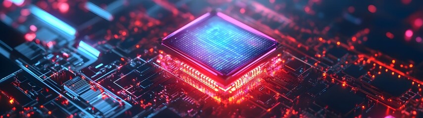 Leinwandbilder - Futuristic glowing digital technology abstract background featuring intricate circuit boards microchips and quantum computing elements  Vibrant neon colors high tech engineering