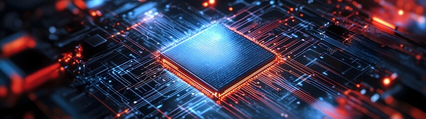 Fototapete - Futuristic glowing microchip circuit processor on an abstract technology background with red and blue lighting  This high tech digital art image represents the concept of innovation engineering