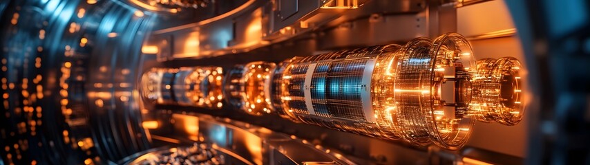 Fototapete - Futuristic interior of a high tech quantum particle accelerator control room with glowing circuits displays and other advanced scientific equipment  The image conveys a sense of innovation discovery