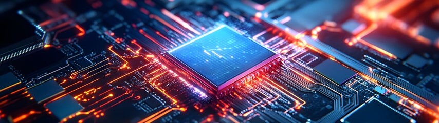 Poster - Futuristic microchip and circuit board digital technology concept  Abstract electronic hardware computer processor and intelligence technology background