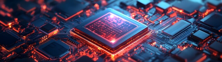 Fototapete - Futuristic microchip and circuit board technology background  High tech digital electronic components and computer hardware on a dark blue and red lit surface