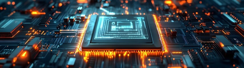 Poster - Futuristic Microchip and Circuit Board with Glowing Electronic Technology Infrastructure  Concept of Intelligence and Advancements in Digital Communication