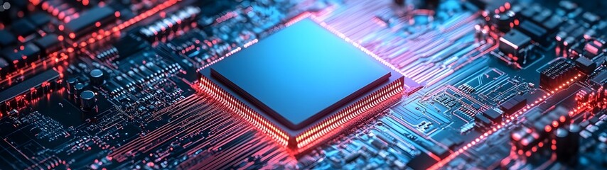 Poster - Futuristic Microchip Circuit Board with Glowing Red Circuits and Technological Components on a Dark Background Representing the Power of Digital Innovation and Advanced Electronics