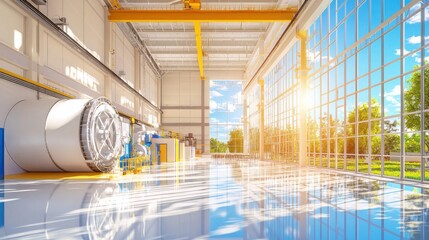 Poster - Resource efficiency in industrial plant setting bright natural light illuminating machinery side view showcasing efficient processes