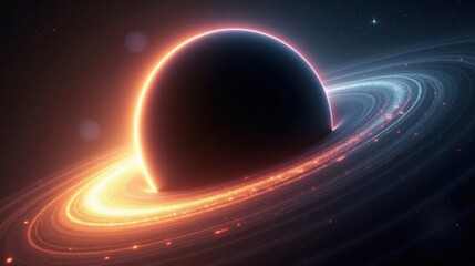 An immense black hole slowly devouring a nearby star, streams of plasma spiraling into its gravity well, glowing arcs of light bending around the dark abyss.
