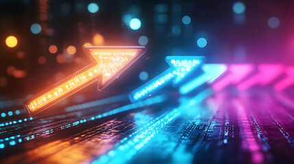 Poster - Abstract digital arrows glowing in vibrant colors, representing innovation, direction, and technology advancement.