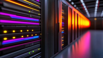 Poster - A server room with rows of illuminated servers glowing with vibrant purple, orange, and blue lights. The metallic racks reflect the warm lighting in
