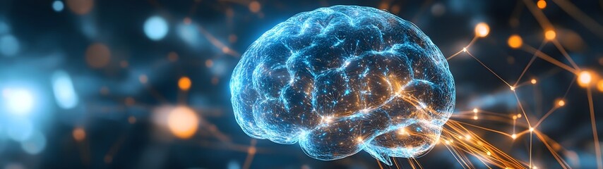 Poster - Glowing and dynamic visualization of a futuristic brain with intricate neural network connections and pulsing energy  Representing the concept of advanced intelligence cognitive science