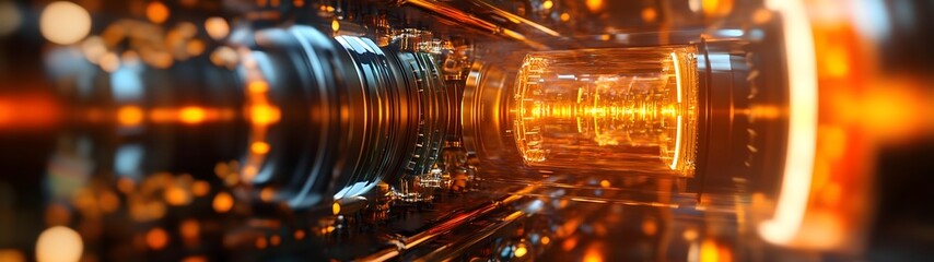 Leinwandbilder - Glowing and illuminated industrial machinery engineering equipment and futuristic technology abstract background  Close up detail with colorful light spark and blur effect
