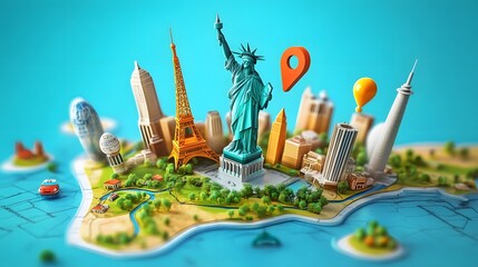 Leinwandbilder - Miniature model of famous world travel landmarks and tourist attractions on a map with navigation pointers GPS icons and infographic design elements  Concept of global tourism destination discovery