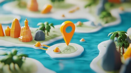 Aufkleber - Miniature toy model of a tropical island landscape with navigation map pins representing a travel destination or vacation resort concept
