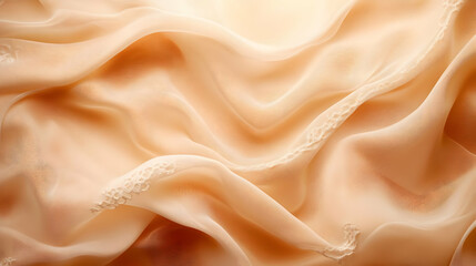 Poster - A close-up view of soft peach silk fabric draping gracefully, exhibiting elegance and texture in a serene manner.
