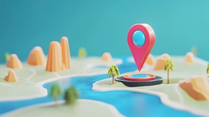 Leinwandbilder - Minimalist 3D rendering of a navigation GPS location pin pointer icon on a geometric textured background  Concept for mobile app software digital technology business branding and marketing solutions