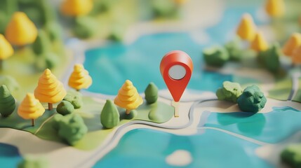 Aufkleber - Minimalist landscape map design with a red navigation marker pinpointed on a serene natural environment highlighting the concept of discovering new destinations