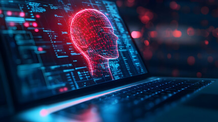 Poster - A digital representation of a human head in red on a laptop screen, highlighting advancements in artificial intelligence and technology.
