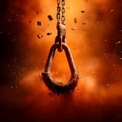 Poster - A dramatic, close-up shot of a rusty hook suspended on a chain against a backdrop of explosive colors and dynamic particles.