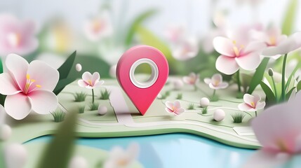 Aufkleber - Navigating Nature s Enchanting Path   Geolocation Marker Guiding Through a Lush Blooming Floral Landscape Representing Harmony with the Environment