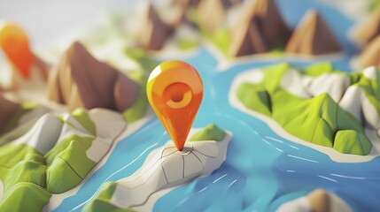 Aufkleber - Navigational marker pinpointing location on a hilly rugged terrain with mountains and valleys in the background representing the concept of outdoor adventure