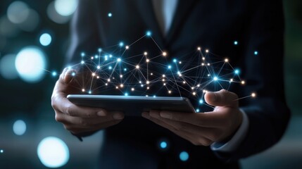 Poster - Global Network Connection, Businessperson using a tablet to visualize a complex network of interconnected nodes, symbolizing global communication, data flow, and digital transformation.