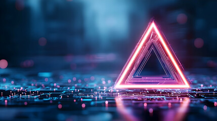 Poster - A glowing neon triangle floats above a reflective surface, creating a mesmerizing digital atmosphere with vibrant colors and light effects.