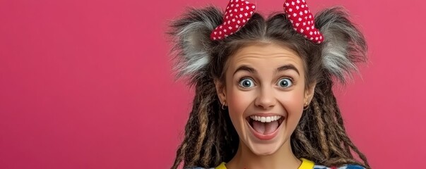 Wall Mural - Young woman with red and white bows in her hair is smiling and laughing. The image has a fun and playful mood, as the girl's hairstyle and accessories suggest that she is having a good time