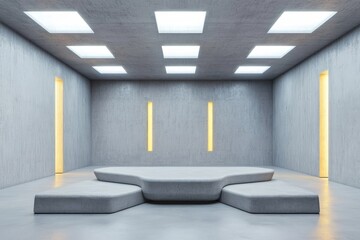 Poster - Abstract Minimalist Concrete Room Interior Design - Modern, serene, and minimalist concrete room with soft, natural lighting. Symbolizing peace, tranquility, simplicity, purity, and sophistication
