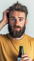 Wall Mural - Man with a beard and a bottle of beer in his hand. He is looking at the camera with a puzzled expression