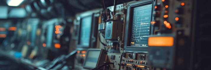 Poster - Advanced Technological Control Panel - Close-up of a complex technological control panel with glowing screens and intricate wiring, suggesting advanced technology or a futuristic setting