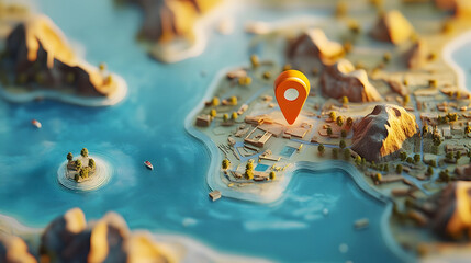Poster - Overhead view of miniature figurines exploring a tropical island paradise with palm trees sandy beaches and clear blue ocean on a detailed 3D map model  Concept of travel tourism adventure