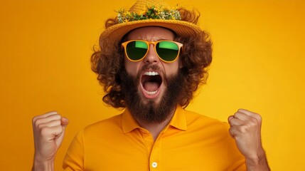 Wall Mural - Man with a yellow shirt and a straw hat is wearing sunglasses and has his mouth open. He is making a fist and he is yelling. The image has a fun and playful mood