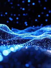 Poster - Blue Particle Wave Abstract Background - Abstract of glowing blue particles forming waves, ideal for technology, science, or futuristic themes