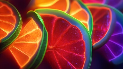 Wall Mural - Glowing neon fruit slices against a dark background, cyberpunk-inspired advertisement photography