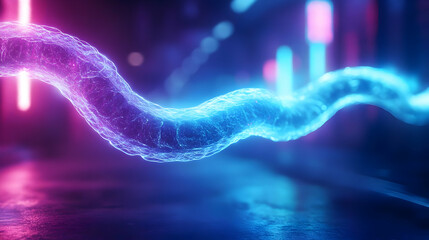 Poster - A stunning digital representation of a glowing, energetic wave in vibrant blue and pink tones, symbolizing futuristic technology.