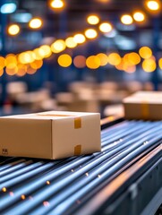 Poster - conveyor belt package delivery system - efficient package transportation, symbolizing speed, reliabi