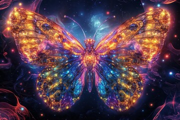 Poster - Cosmic Butterfly: Ethereal Wings of Light - A mesmerizing artwork depicting a butterfly with vibrant, cosmically patterned wings. Symbolizing transformation, beauty, hope, freedom