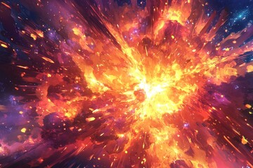 Poster - Cosmic Explosion Abstract Art - Fiery cosmic explosion, vibrant colors, abstract art, space, energy, powerful, dynamic, bright, intense, fiery, nebula