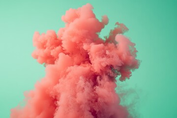 Poster - Crimson Cloud Burst Abstract - A vibrant coral-colored smoke plume explodes against a teal backdrop, symbolizing energy, creativity, freedom, transformation, and passion