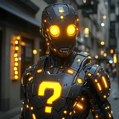 Poster - Futuristic Glowing Exclamation Mark Integrated into Sleek Robotic Suit Concept with Copy Space
