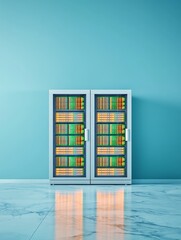 Poster - data center server racks - two illuminated server racks stand in a modern data center, reflecting on
