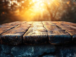 Wall Mural - rustic wooden table with glowing sunlight and soft shadows for natural product display
