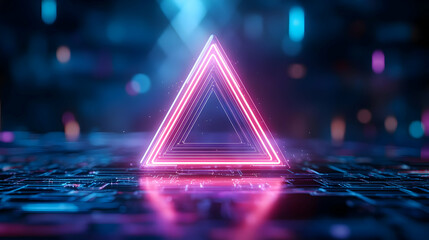 Poster - A vibrant neon triangle on a reflective surface, showcasing a blend of modern aesthetics and advanced technology in a digital environment.