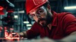 © Mary - A factory worker in a red safety helmet and goggles closely observes a robotic arm assembling precision parts in a bright, modern workspace