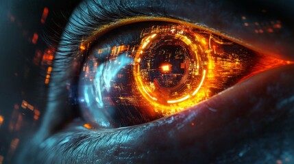 Poster - Eye of the Future - Close-up of a futuristic eye, glowing with intricate circuitry and city lights. Represents technological advancement and human connection