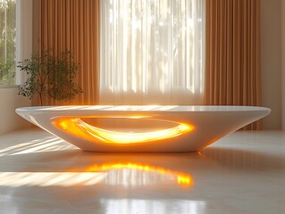 Poster - Pristine White Table with Glowing Golden Accents in Luxurious Room Setting for Premium Product Display
