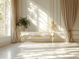 Poster - Elegant Luxury White Table with Golden Accents in Sunlit Upscale Room for Premium Product Display