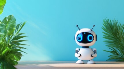 Poster - Friendly Robot on Wooden Table - A cute, friendly robot symbolizes technology, companionship, innovation, future