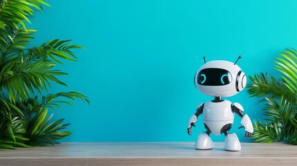 Poster - Friendly Robot on Wooden Table - A cute white robot stands on a wooden table against a bright blue background, flanked by tropical plants