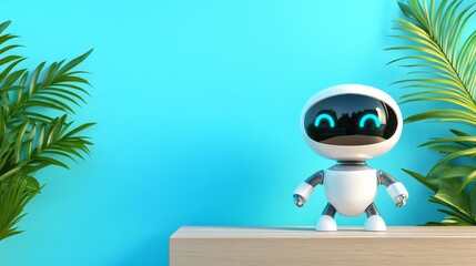 Poster - Friendly Robot on Wooden Table - A cute, friendly robot symbolizes technology, companionship, innovation, future, and progress. It stands on a wooden table against a light blue background