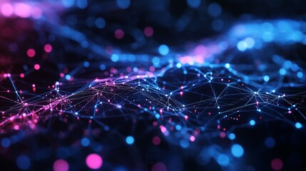 Poster - Futuristic Network Connections Background - Abstract network, glowing nodes, interconnected lines, data flow, technological landscape. Symbolizing connection, innovation, technology, communication