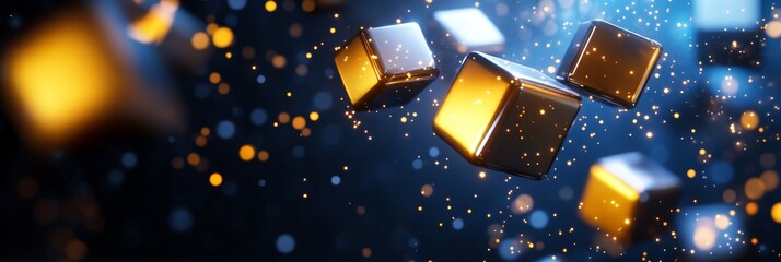 Poster - Glowing Cubes Fly Across Dark Background - Abstract tech design with glowing gold and dark cubes, symbolizing innovation, technology, progress, luxury, and dynamism
